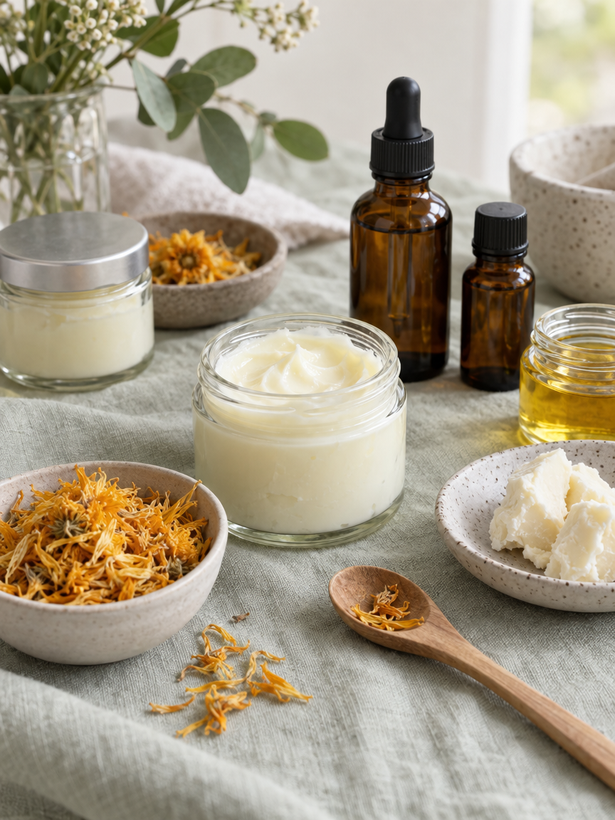 Jars of cream, dried calendula and botanical oils on linen